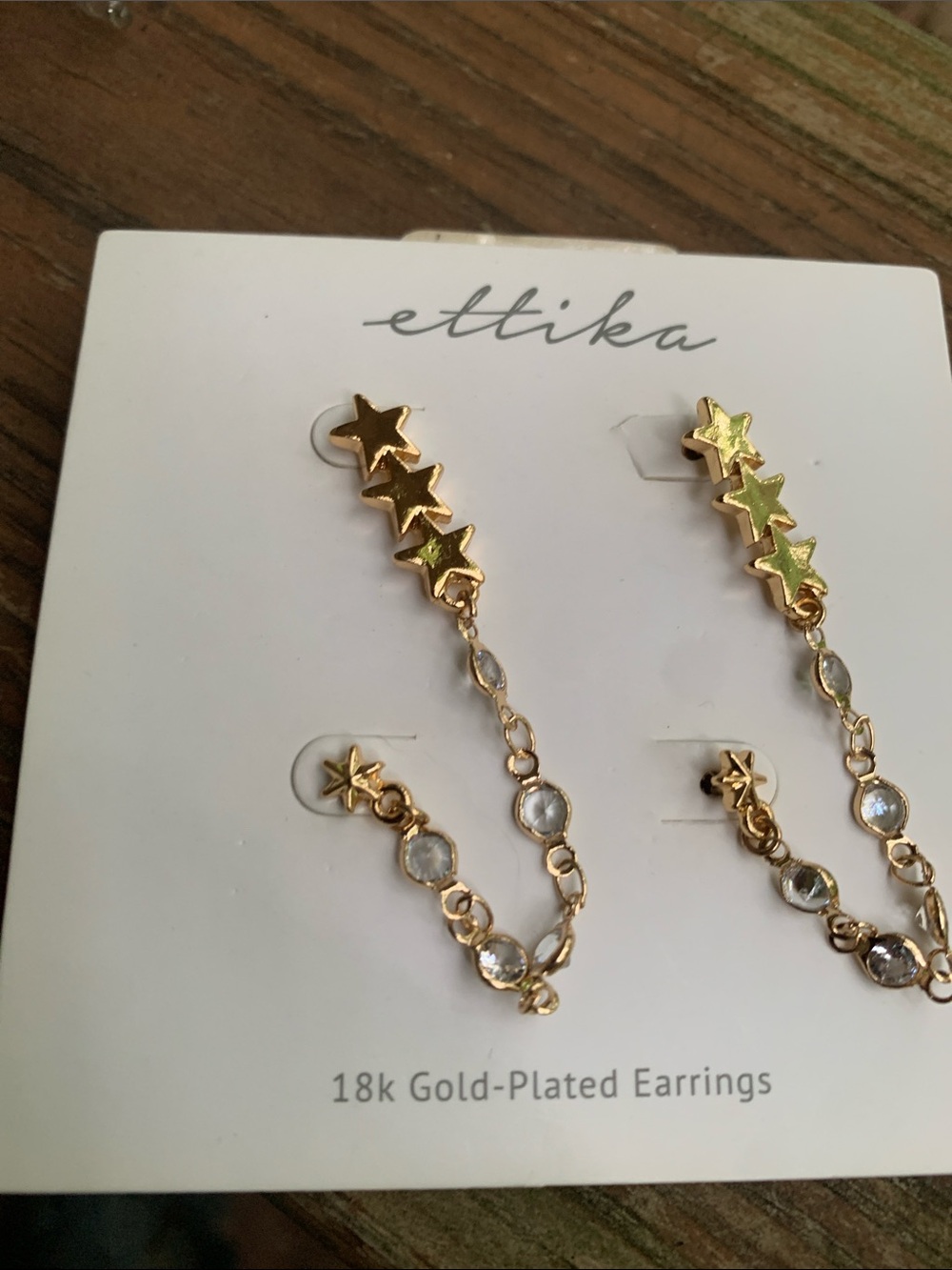 NWT- ettika Gold Star Chain Crystal Double Piercing Drop Earrings